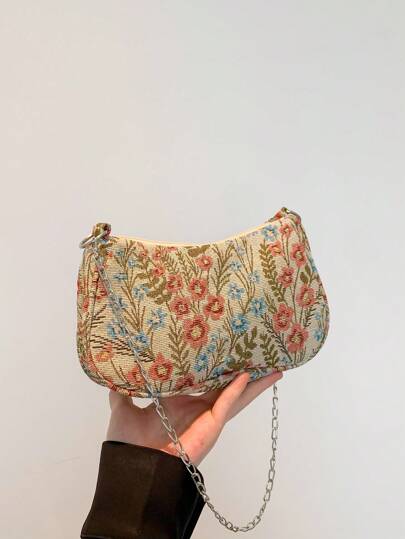 时尚链条斜挎包配金属链条肩带，花朵图案休闲腋下法棍包，女士通勤手提小钱包