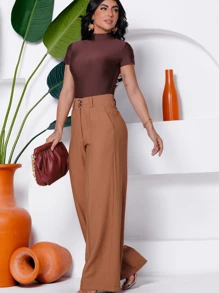 Women's Elegant Wide Leg Pants With Pocket - Mocha Brown - View 1