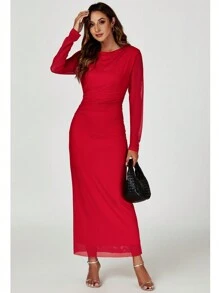 Long Sleeves Mesh  Maxi Dress In Red - Red - View 3