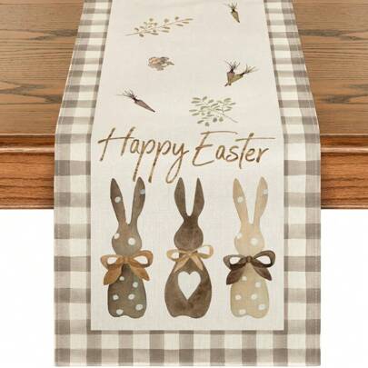 Plaid Rabbit Easter Happy Table Cloth, Seasonal Spring Kitchen Dining Table Decor For Family Party