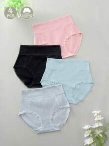 4 pièces de sous-vêtements triangulaires haute taille à haute élasticité pour femmes, décontractés et confortables, sans marque, avec une combinaison de dentelle sur les hanches pleines. Ensemble multicolore de culottes mode respirantes et antibactériennes personnalisées