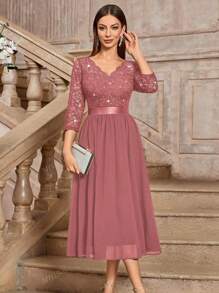 MIUSOL Elegant V-Neck Sequin Floral Lace Ruched Chiffon 3/4 Sleeve Evening Party Long Dress