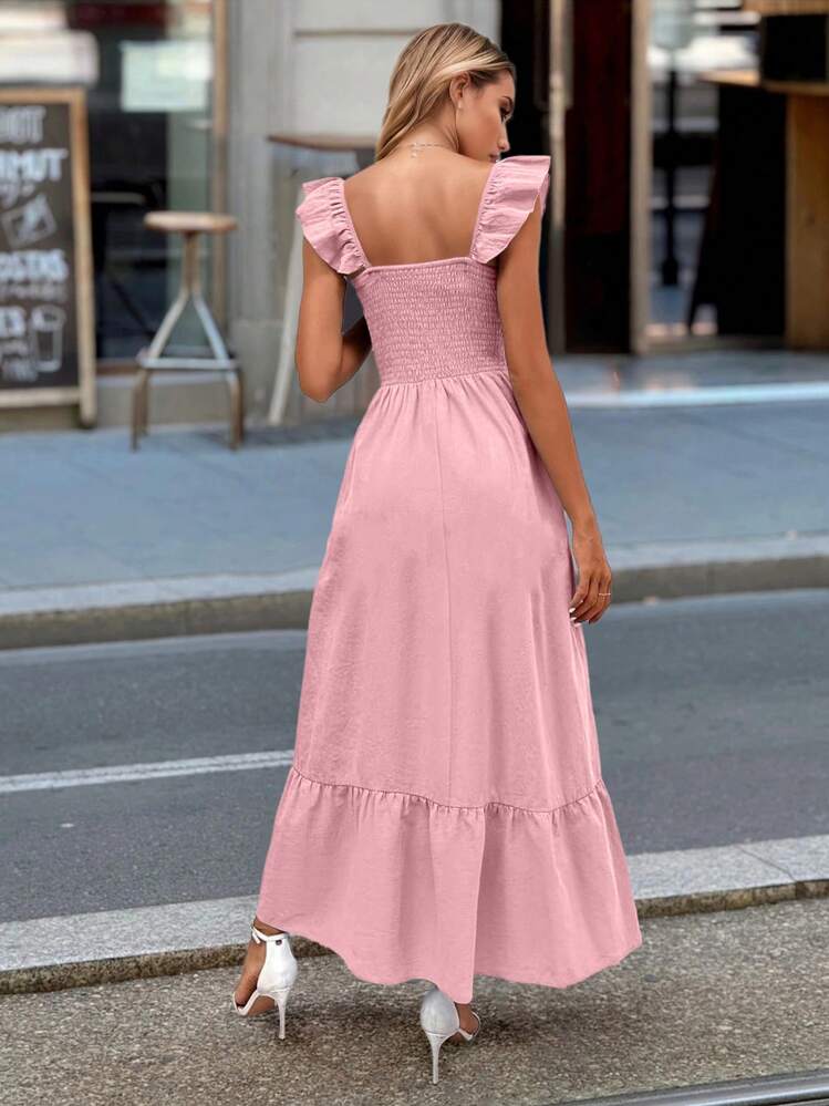 2026 Vestido maxi de verano/primavera para mujer de estilo casual elegante de calle, de lino con cuello en V, cintura plisada y volantes en el bajo, color rosa, vestido elegante, atuendo de San Valentín para mujer, ropa de Año Nuevo, vestido de verano para mujer, moda Y2K, ropa de vacaciones para mujer, ropa de playa, atuendos de cumpleaños para mujer, ropa de crucero para mujer, atuendos de primavera para mujer, ropa de fiesta para mujer - Rosa - Ver 6