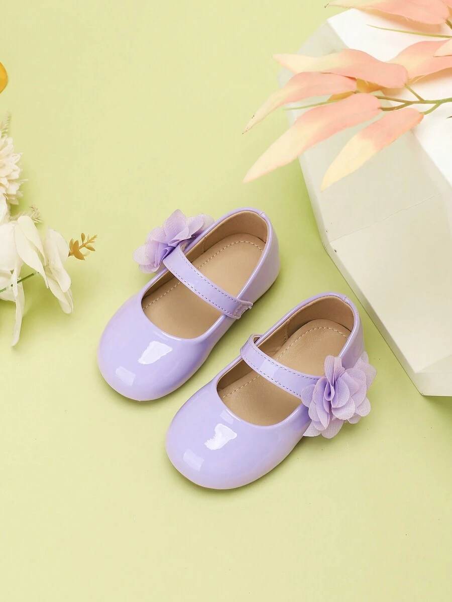 1 Pair Girls' Dopamine Color Series PU Leather Waterproof Non-Slip Round Toe Flat Soft Bottom Fashionable Casual Korean Style Mary Jane Princess Shoes, Suitable For Performance In Spring, Summer, Autumn - Purple - View 1