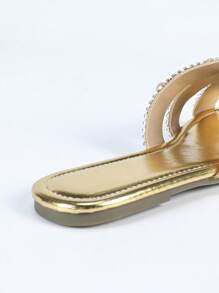 French Style Gold Flat Sandals, New Handmade Colorful Rhinestones T-Strap Beach Slippers