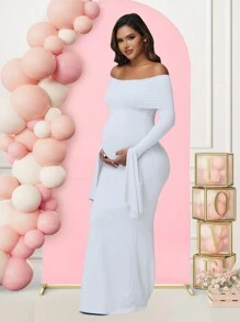 Maternity Open Shoulder Solid Color Long Sleeve Dress, Suitable For Baby Shower Photo Shoot Spring White - White - View 4