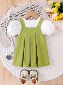 2pcs Cute Baby Girl Summer Outfit: White T-Shirt Top And Loose Fresh Green Floral Print Bib Overall Dress Set