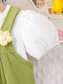 2pcs Cute Baby Girl Summer Outfit: White T-Shirt Top And Loose Fresh Green Floral Print Bib Overall Dress Set