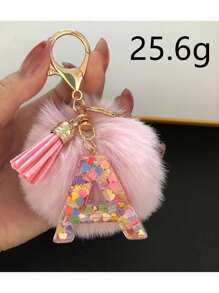1 Pc,Alphabet Initial Letter Keychain Cute Plush Pom Pom Key Chain Ring Bag Backpack Charm Car Hanging Pendant Women Girls Gift,Cute Sequins Resin Key Chain,Wallet And Handbag Accessories, Keychain With Tassels,Alphabet Initial Letter A-Y - Pink - View 9