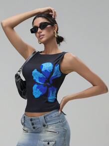 Women's Crop Tank Tops Fitted Flower Print Boat Neck Sleeveless Summer Tops For Party Club - Blue - View 5