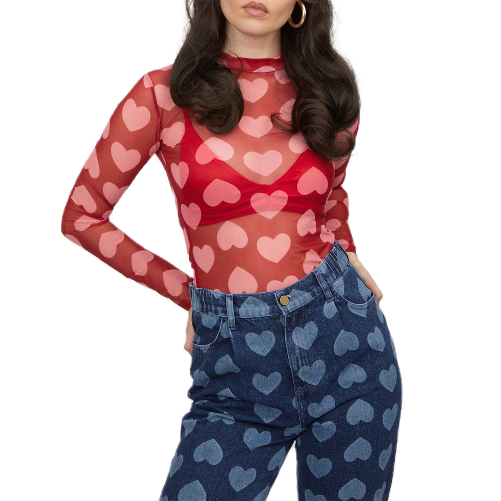 Women's Heart Print Mesh Sheer Tops Long Sleeve Round Neck Heart Print Party T-Shirt - Red - View 1