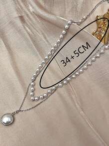 1條優雅獨特的雙層假珍珠吊墜項鍊,簡約風格時尚流行 - 銀色 - 查看 3