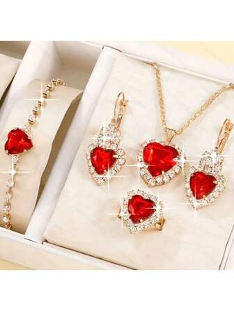 5 件套泪珠和心形水钻吊坠项链、耳环和戒指珠宝礼品套装，适合女性、情人节、妈妈、母亲、母亲节、礼物