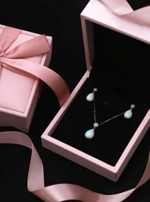 奢華優雅的水滴形天然蛋白石耳環/吊墜項鍊珠寶套裝，S925純銀低敏高級珠寶，適合女士日常派對重要場合佩戴，適合男士送給妻子/女友，女兒送給媽媽，週年慶情人節母親節等節日禮物，附贈禮盒 - 銀色 - 查看 2