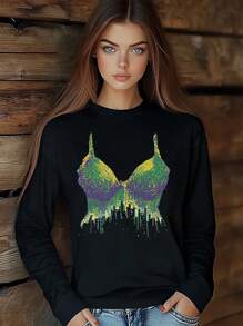 Women Luxury Style Bow Jewelry T-Shirt Fashion Print Long Sleeve Round-Neck Loose Fit Tops Streetwear