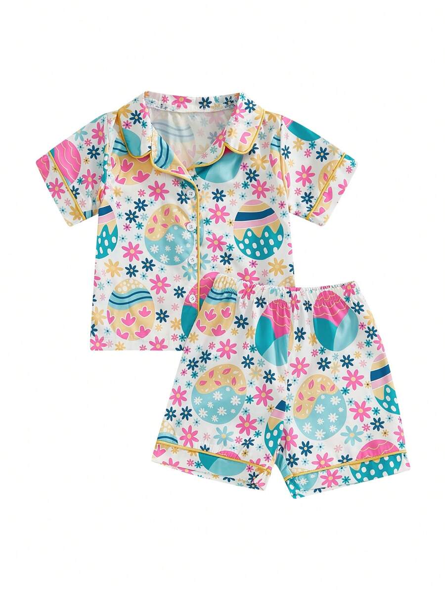 Girls 2PCS Sets Short Sleeve Lapel Button Up Dount/Clover/Egg/Leopard Heart Print Shirt Shorts