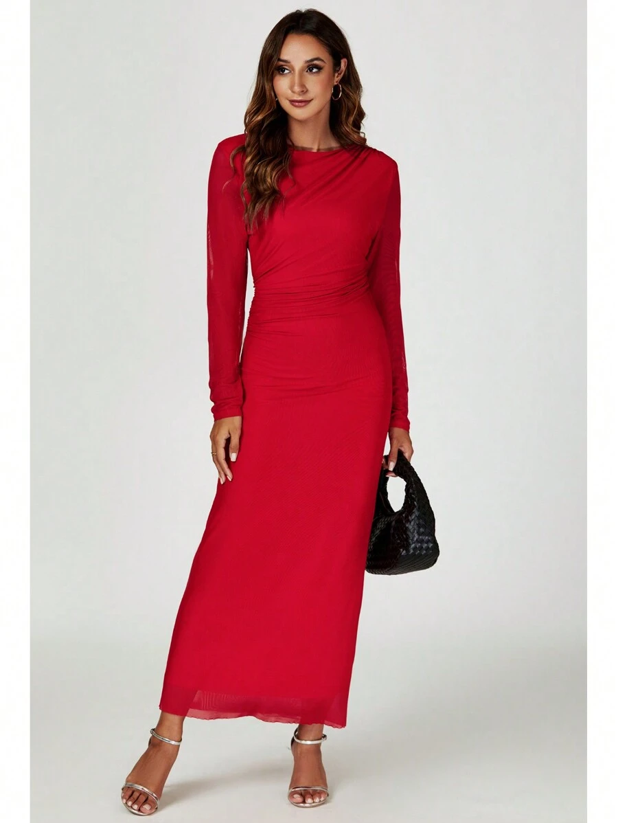 Long Sleeves Mesh  Maxi Dress In Red - Red - View 1