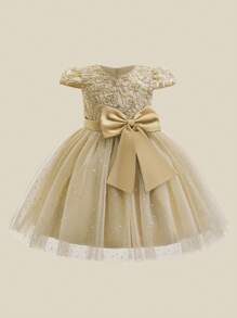 Young Girls Embroidered Mesh Princess Dress With Puff Sleeves, Suitable For School Graduation, Flower Girl, Wedding, Does Not Include Headband - Champagne - View 4