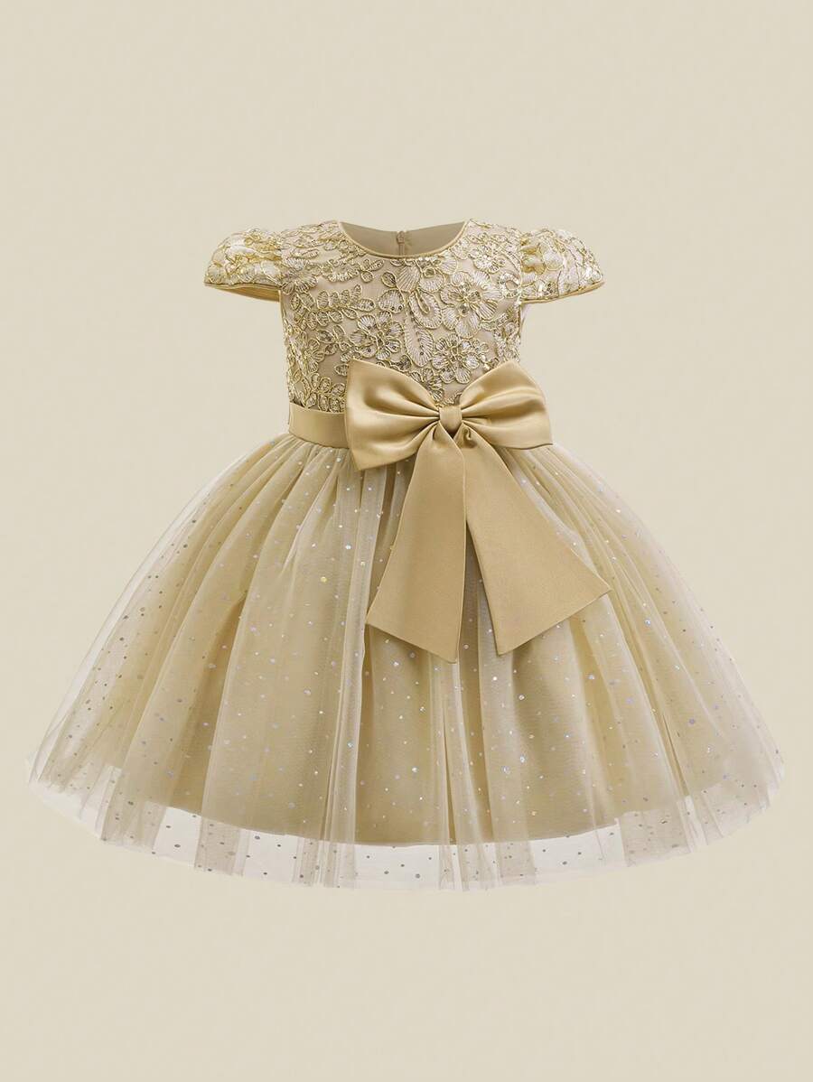 Young Girls Embroidered Mesh Princess Dress With Cap Sleeves, Suitable For School Graduation, Flower Girl, Wedding, Does Not Include Headband - Champagne - View 1