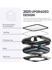 1pc Black 360-Degree Full Coverage Protective Case + Tempered Glass Screen Protector, Waterproof Watch Shell Compatible With Apple Watch 40/41/42/44/45/46/49mm, Compatible With Apple Watch Ultra/SE Series 11/10/9/8/7/6/5/4, Smart Watch Accessory - Black - View 3