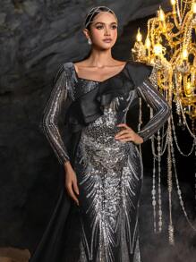 Faeriesty Gorgeous Ruffle Trim Mermaid Hem Graphic Sequin Formal Party Dress&Maxi Dress&Midi Dress - Silver - View 6