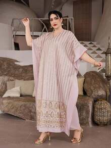 ASBB Nuovo stile elegante per la primavera/estate 2026, abito lungo con ricamo floreale e perline, scollo a V, adatto per il Ramadan e San Valentino - Rosa antico - Visualizzare 7