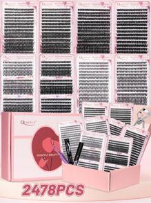 2478Pcs 8-18mm Valentine's Day Eyelash Gift Set D Curl Eyelash Extension Set Includes 4 Tubes Eyelash Book Eyelash Bond And Seal Eyelash Remover Eyelash Applicator Eyelash Curler Individual Eyelash Set, Easy To DIY At Home, Suitable For All Occasions