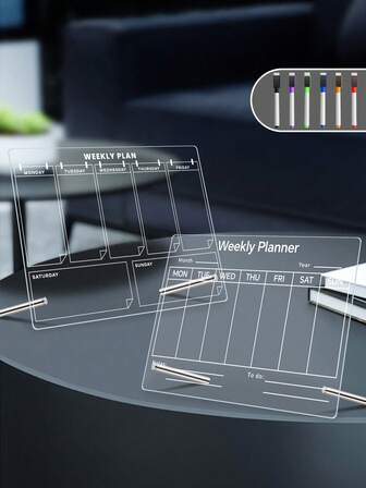 1 pieza Calendario de escritorio de acrílico con pizarra blanca y 6 marcadores de borrado en seco, pizarra de escritorio transparente 3D, tablero de recordatorios de oficina borrable, pizarra de notas para enseñanza en el hogar