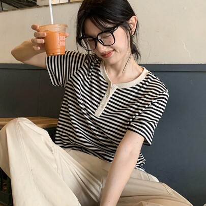 여성용 버튼업 브이넥 반팔 줄무늬 티셔츠