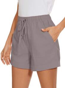 Women Casual Shorts Drawstring Comfy Elastic Waist Pant Summer Pull On Short With Pockets - 灰色 - 查看 4