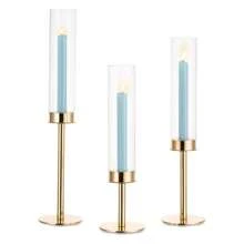 3-Piece Elegant Retro Gold Hurricane Candle Holders Set, Glass Candle Holders With Crystal Chimneys, Brass Candle Holders, Suitable For Wedding, Party, Birthday, Centerpiece Decor Gifts Graduation - Gold - View 3