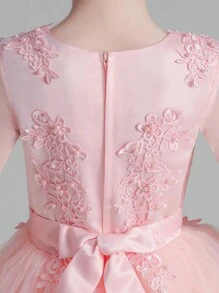 Tween Girls Elegant Princess Beaded Sequin Mesh Floral Embroidered Long Sleeve Pink Tulle Dress, Suitable For Performance, Wedding, Birthday Party - Pink - View 9