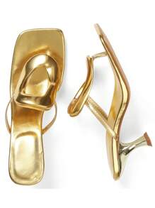 Metallic Women Flip Flops Sandals Kitten Heels Square Toe Colorful Metal Sexy Fashion Elegant Dress Summer Shoes - 金色 - 查看 5