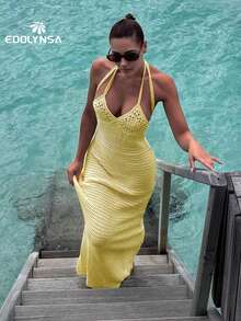 Sexy Knit Handmade Crochet Dress Summer Spaghetti Strap Bodycon Holiday Y2k Knit Halter Valentine Day New Years Women Dress - Yellow - View 5