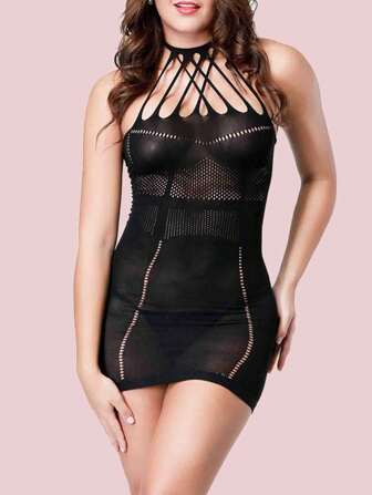 1 件性感内衣、性感睡衣、婴儿内衣、女士睡袍、性感黑色提花性感系带交叉派对女王风格、弹力尼龙混纺、半透明网眼、无内衣，非常适合浪漫之夜和情人节礼物