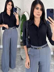 Women's Tailored Formal Pants With Belt, Luxury Fashion 2025 - 灰色 - 查看 3