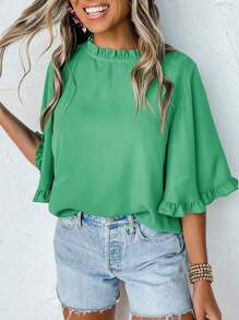 Acelitt Blusa verde con cuello redondo fruncido, manga media ancha