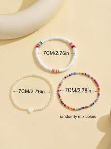 3pcs/Set Bohemian Style Fashion Versatile Random Color Soft Ceramic Glass Beaded Faux Pearl Heart Shape Anklet Set, Suitable For Daily Wear For Women