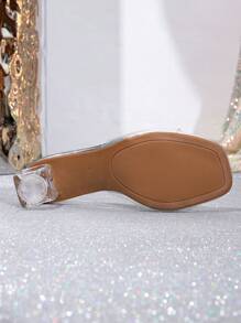 Women's Fashion High Heel Sandals, Upgraded Euro/US/Middle East Popular Item, Soft Transparent Glass Jelly, Shiny Fashion Buckle Embellishment, Laser Cut Asymmetric Heel, Mid-Thick Heel Sandals, Open Toe Mule Sandals, Lightweight Sexy High Heels, Elegant Mid-Heel Mule Sandals, Silver Sandals