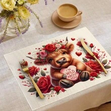 Valentine's Day Placemats-Set Pink Highland Cow Tablecloths 4/2/1 Pc Table Mats Red Heart Place Mats Valentines Decorations Heart Placemats For Memorial Day Decor - Khaki - View 14