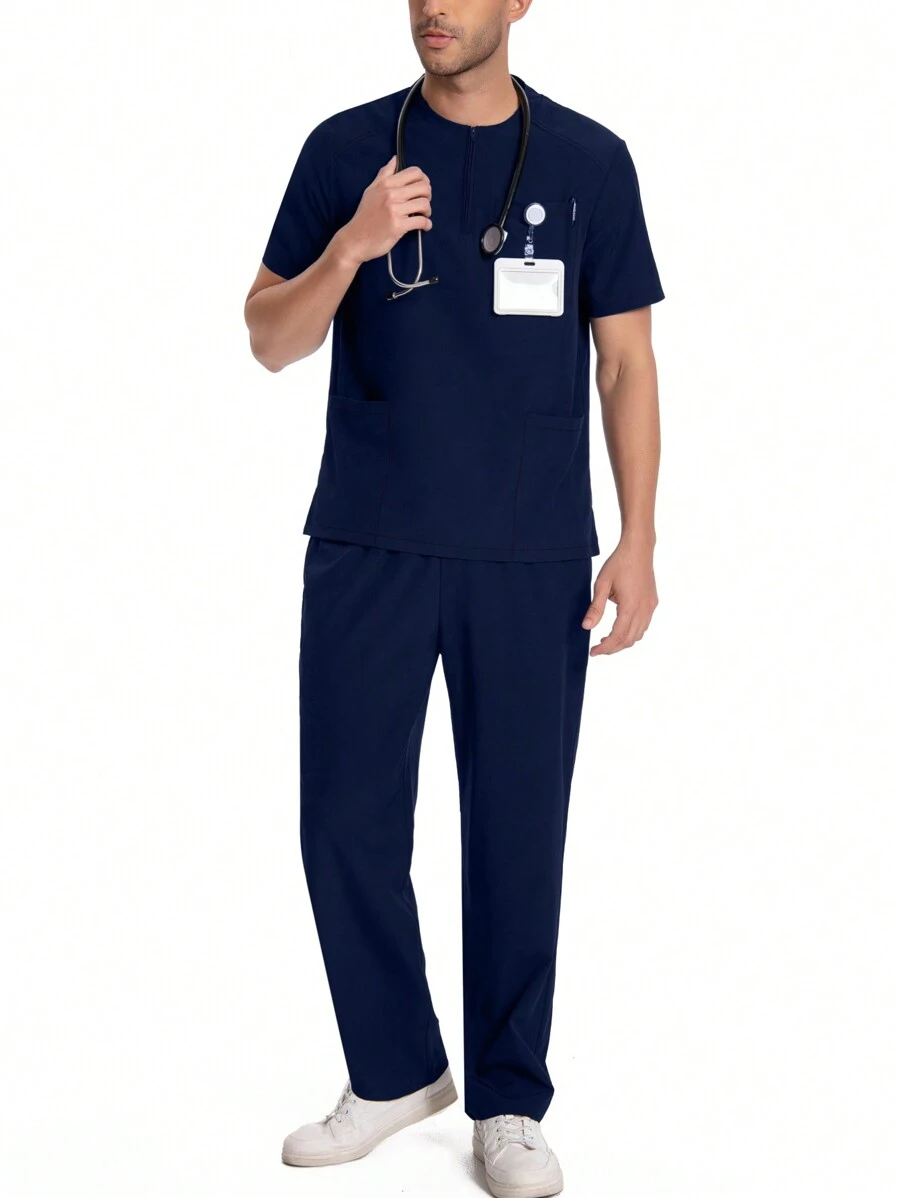 男士短袖工作服、实验室外套、带口袋的美容罩衣、透气工作套装