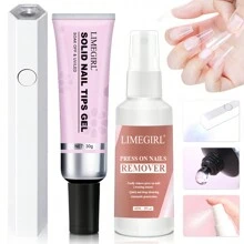 固体指甲胶套装 3 合 1 套装，含按压指甲片卸除器，易于卸除，带 USB 电源紫外线灯，快干透明指甲片凝胶，指甲延长，适用于入门美甲套装 DIY