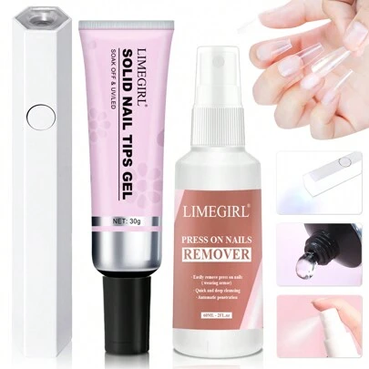 固体指甲胶套装 3 合 1 套装，含按压指甲片卸除器，易于卸除，带 USB 电源紫外线灯，快干透明指甲片凝胶，指甲延长，适用于入门美甲套装 DIY