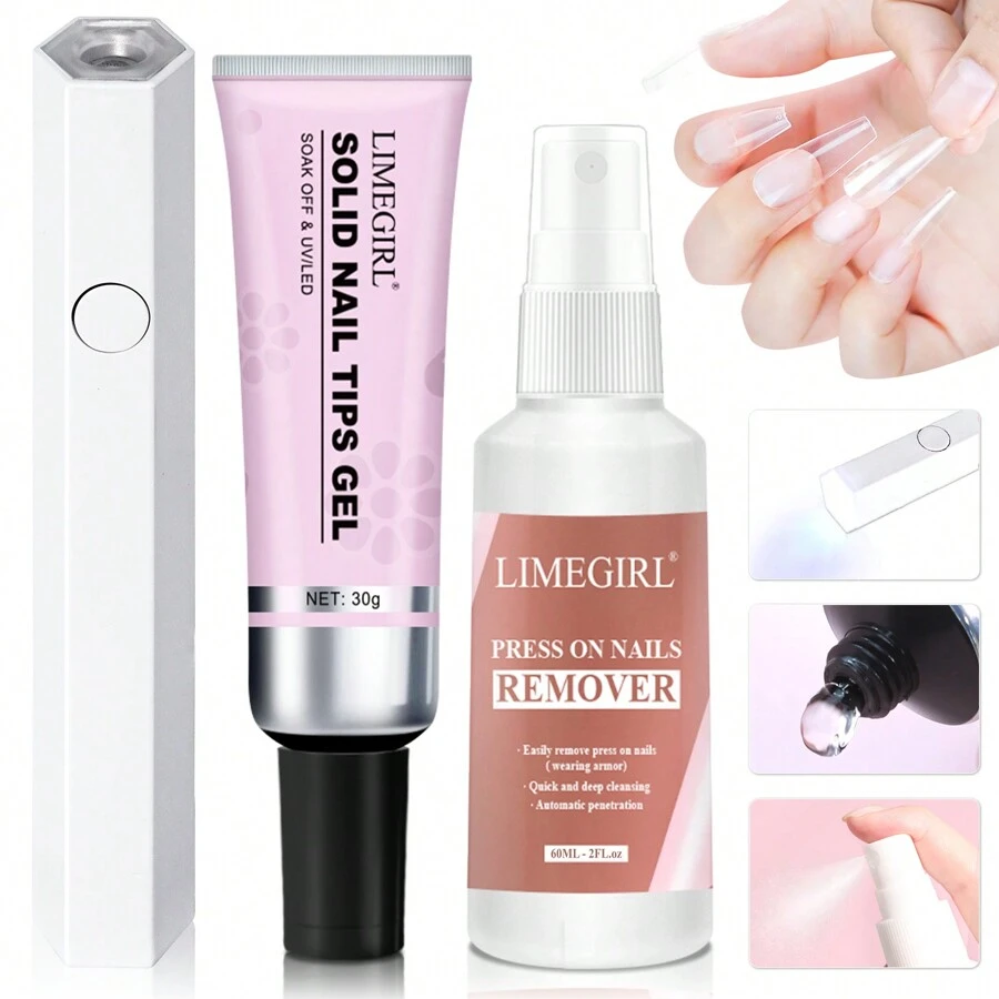 固体指甲胶套装 3 合 1 套装，含按压指甲片卸除器，易于卸除，带 USB 电源紫外线灯，快干透明指甲片凝胶，指甲延长，适用于入门美甲套装 DIY