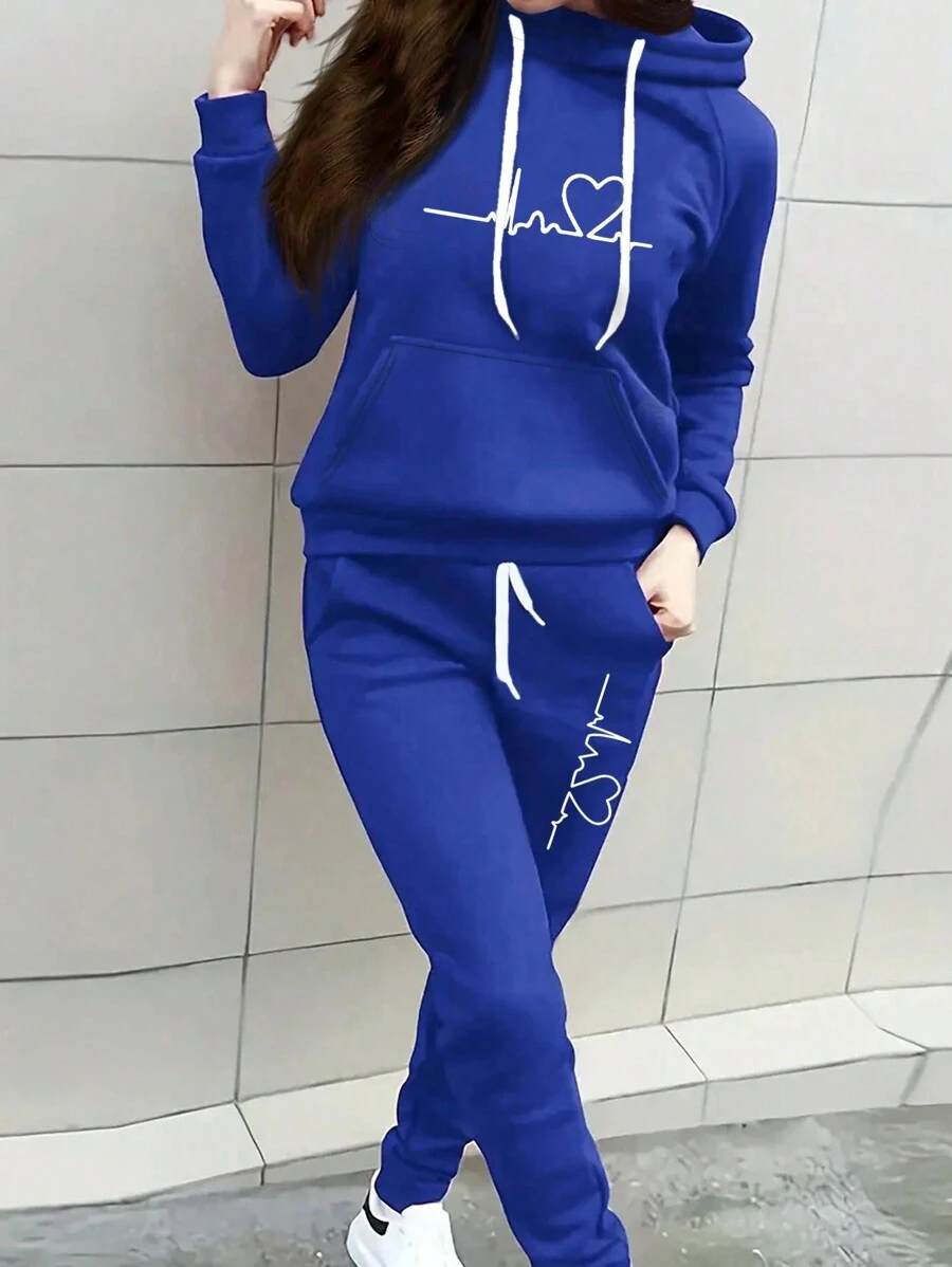 MURAMASA 2 Piece Women Casual Set Long Sleeve Heart Print Hooded Sweatshirt And Drawstring Pants Spring Autumn - Dark Blue - View 1
