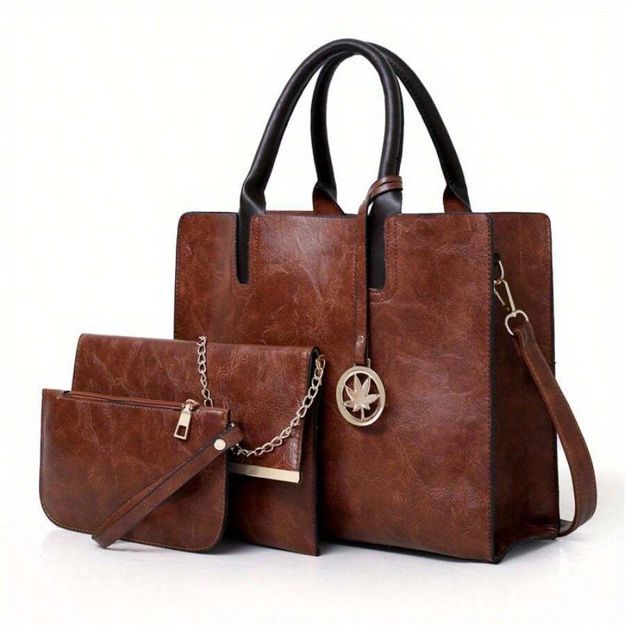 Women's 3Pcs Set Bag - Vintage Style Large Capacity Women's Bag Women's Tote With Chain Crossbody Bag And Coin Purse - màu nâu - Xem 1