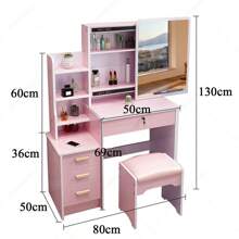 Tocador,Tocador de Maquillaje, Mesa de Maquillaje Moderna con 4 Cajones y Espejo Deslizante,Tocador para Recamara con 3 Estantes Abiertos Silla Incluida Rosa - Rosa - Ver 8