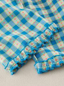 2pcs Girls Young Girl Casual Floral Plaid Pattern Shirred Collar & Sleeves Tank Top & Wide Leg Pants Set, Summer