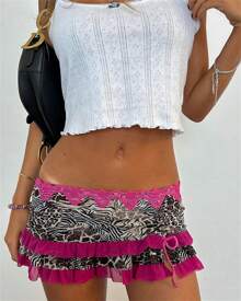 Women Mini Short Skirt Low Waisted Leopard Print Ruffle Lace Edge Fashion Short Skirt - 玫紅色 - 查看 2