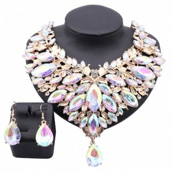 1 Set Elegant Crystal & Rhinestone Water Drop Necklace Earrings Jewelry Set, Suitable For Women Wedding Party Holiday Celebration, Birthday & Valentine's Day Gift,Mom,Mother,Mother's Day,Gift